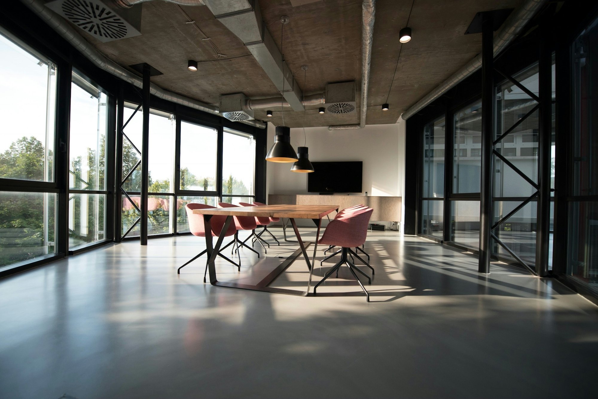 Open industrial space with polished concrete floors
